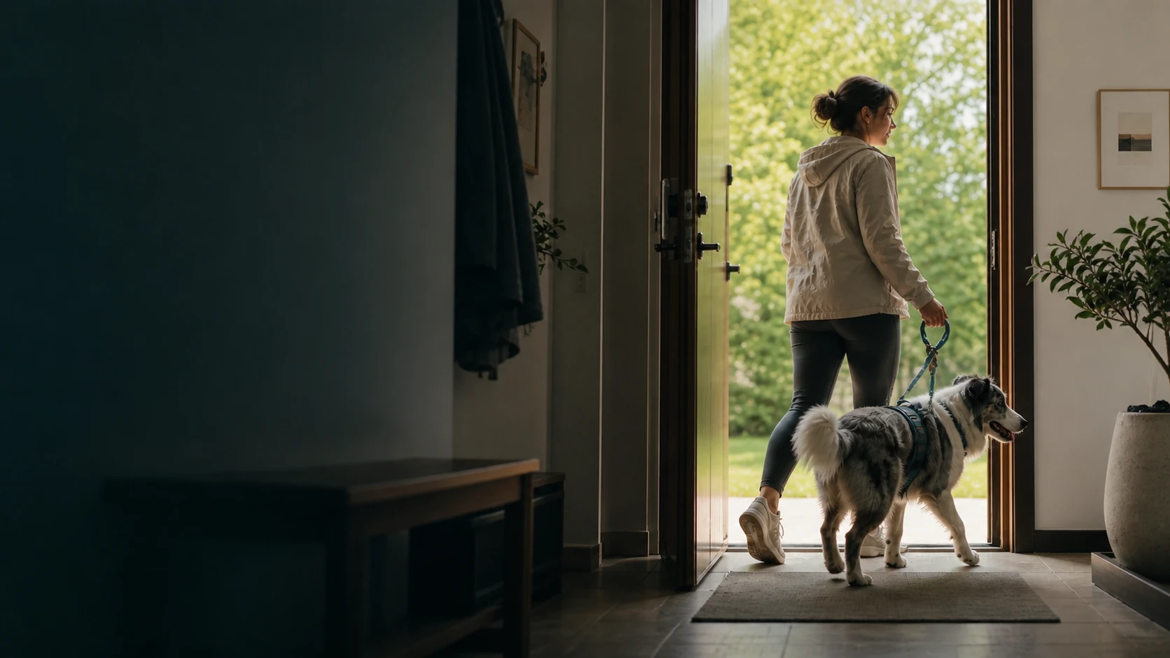 A dog and owner beginning a walk from home