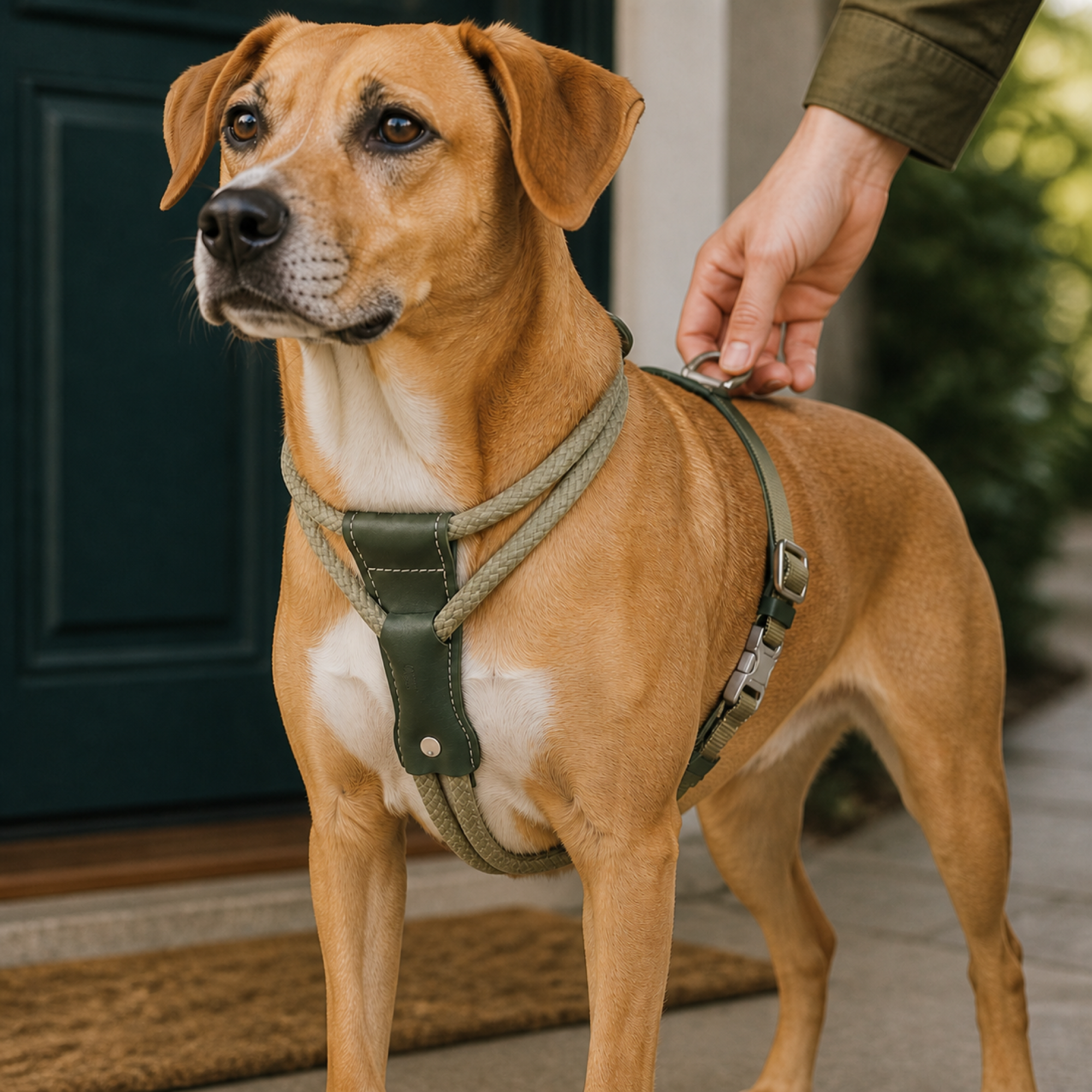 Leather-Rope Dog Harness shown in use